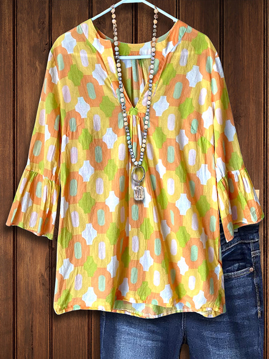 Geometric Print Ruffle Sleeve Blouse