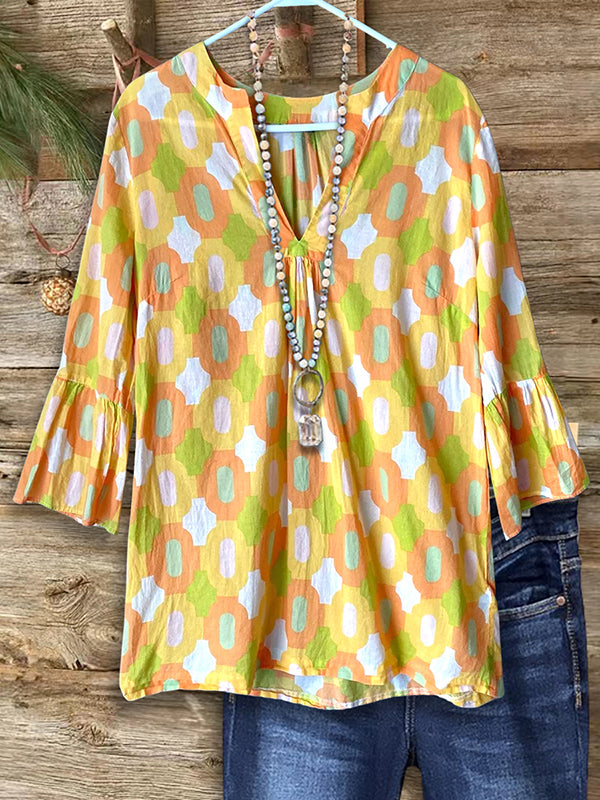 Geometric Print Ruffle Sleeve Blouse