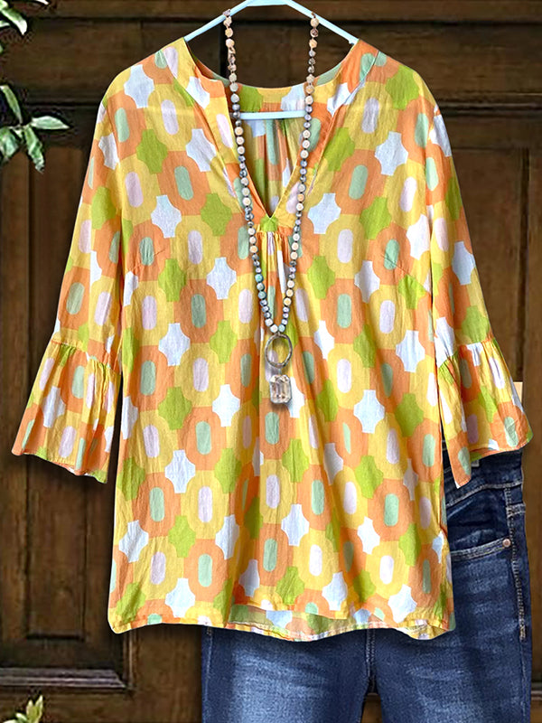 Geometric Print Ruffle Sleeve Blouse