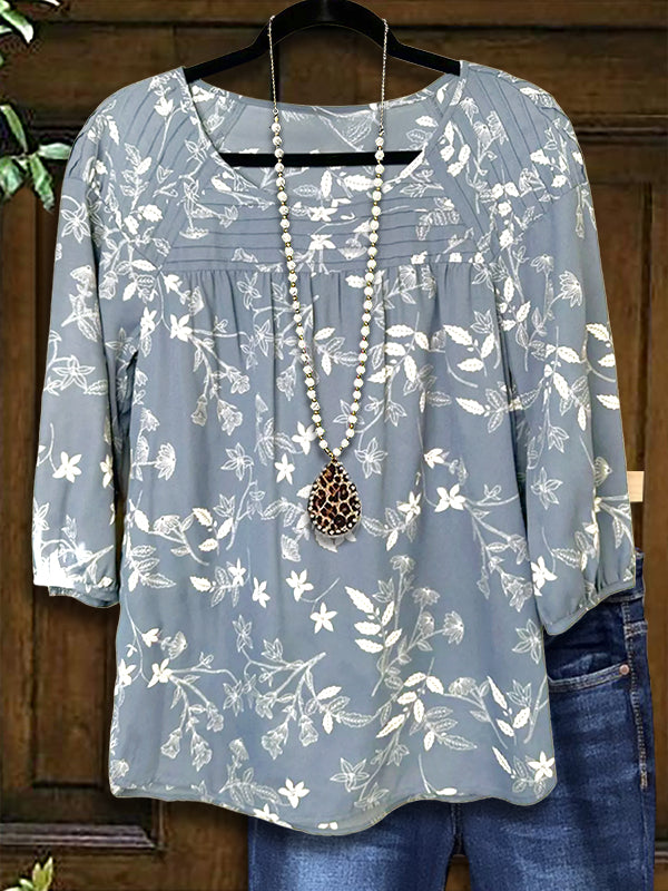 Floral Print Pleated Loose Blouse