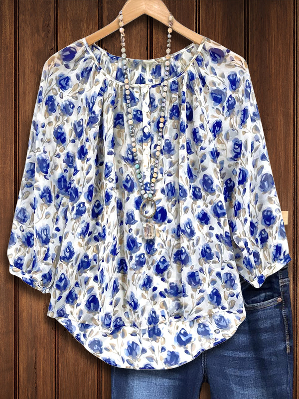 Crew Neck Floral Print Blouse