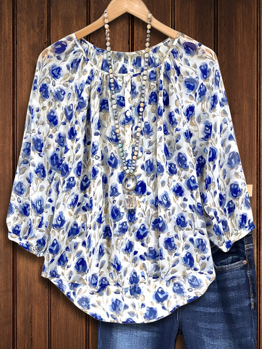 Crew Neck Floral Print Blouse