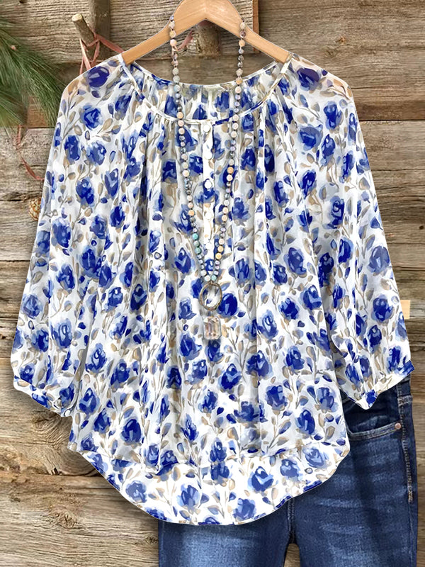 Crew Neck Floral Print Blouse