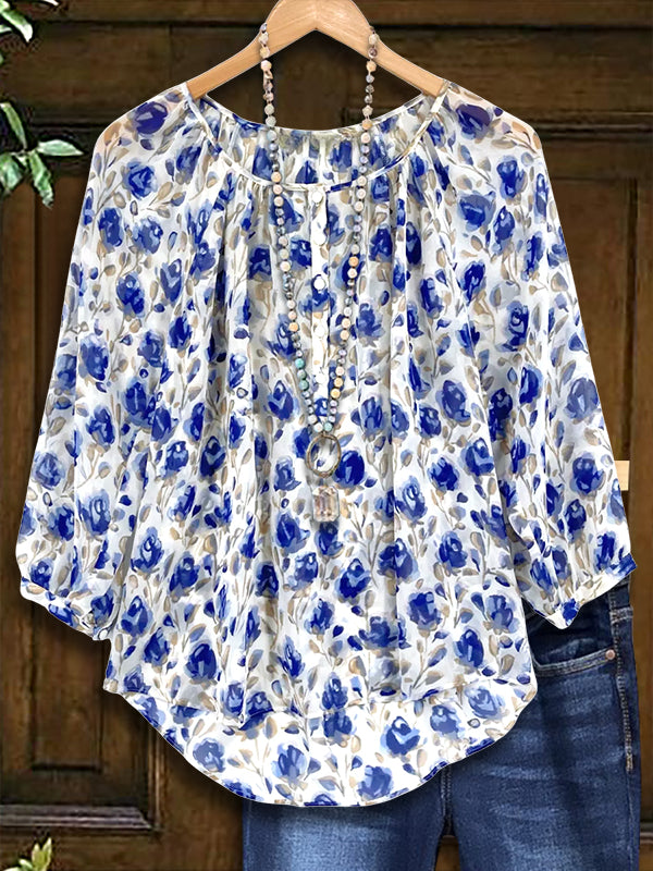 Crew Neck Floral Print Blouse