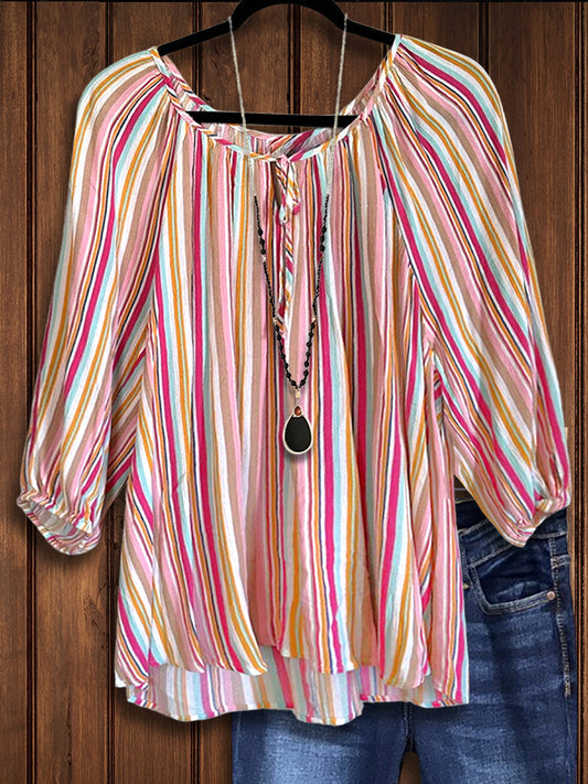 Color Striped Puff Sleeve Blouse