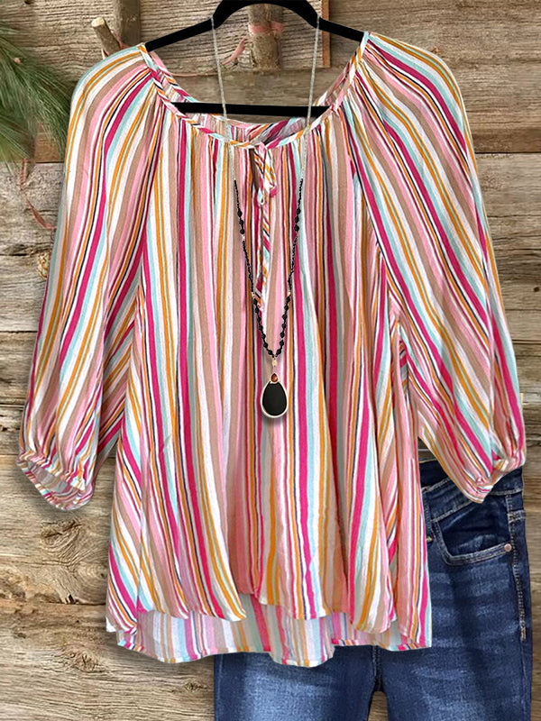 Color Striped Puff Sleeve Blouse