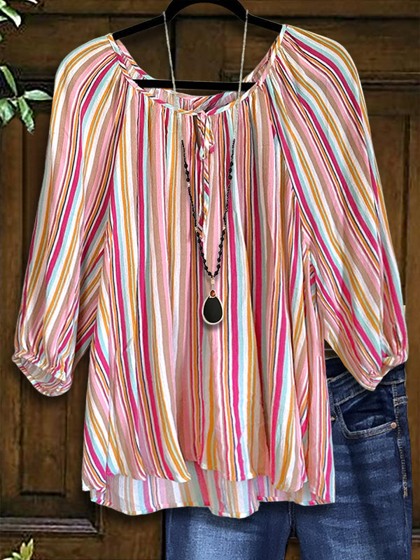 Color Striped Puff Sleeve Blouse