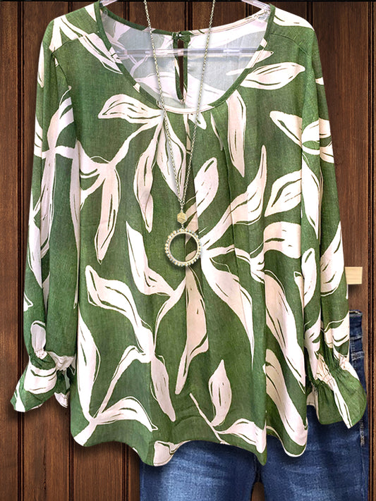 Art Leaf Print Loose Blouse