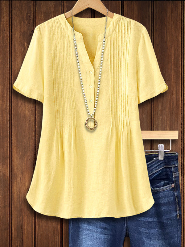Split Neck Pleated Loose Blouse