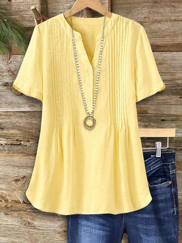 Split Neck Pleated Loose Blouse