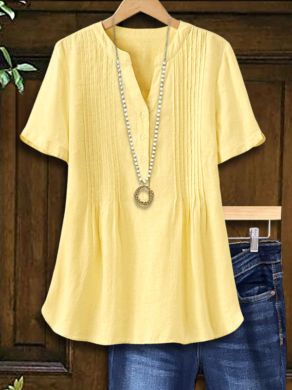 Split Neck Pleated Loose Blouse