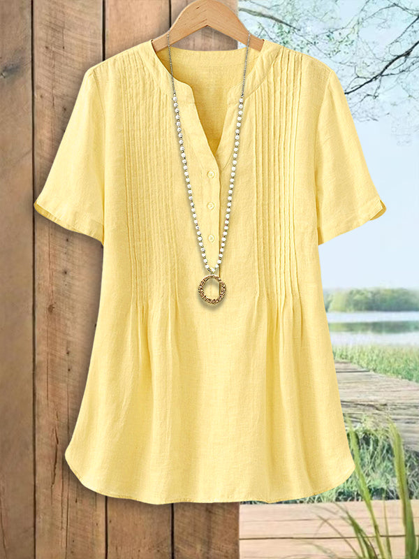 Split Neck Pleated Loose Blouse