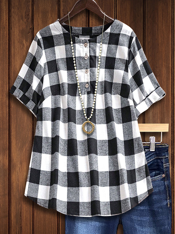 Black And White Plaid Casual Blouse
