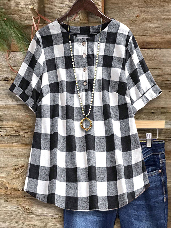 Black And White Plaid Casual Blouse