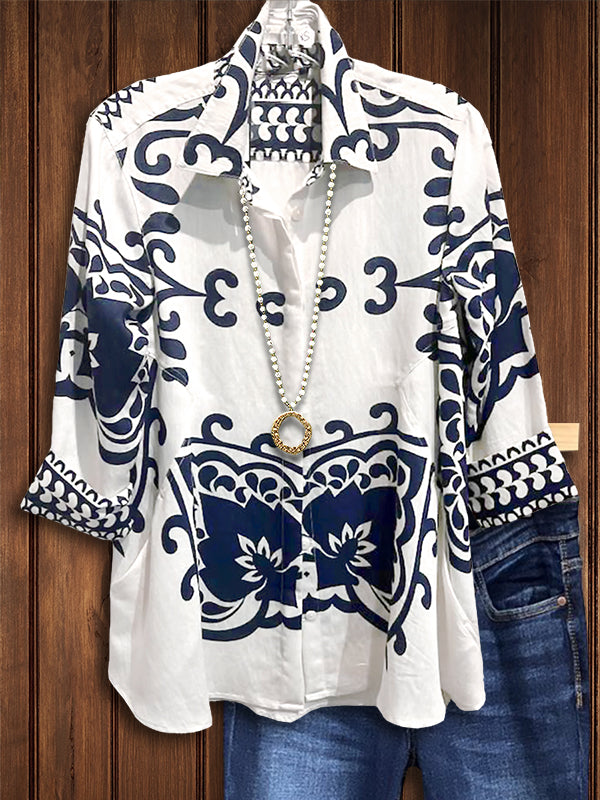 Ethnic Print Loose Cotton Blouse
