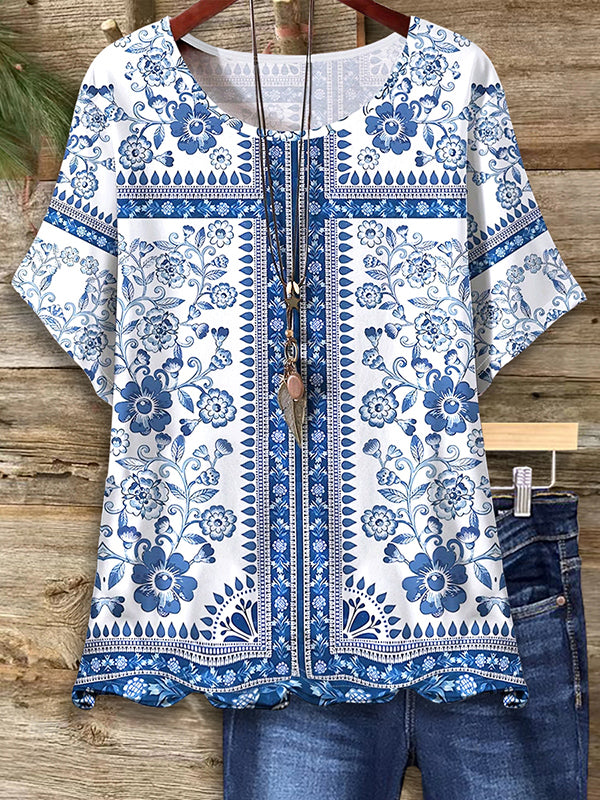 Blue And White Porcelain Print Top