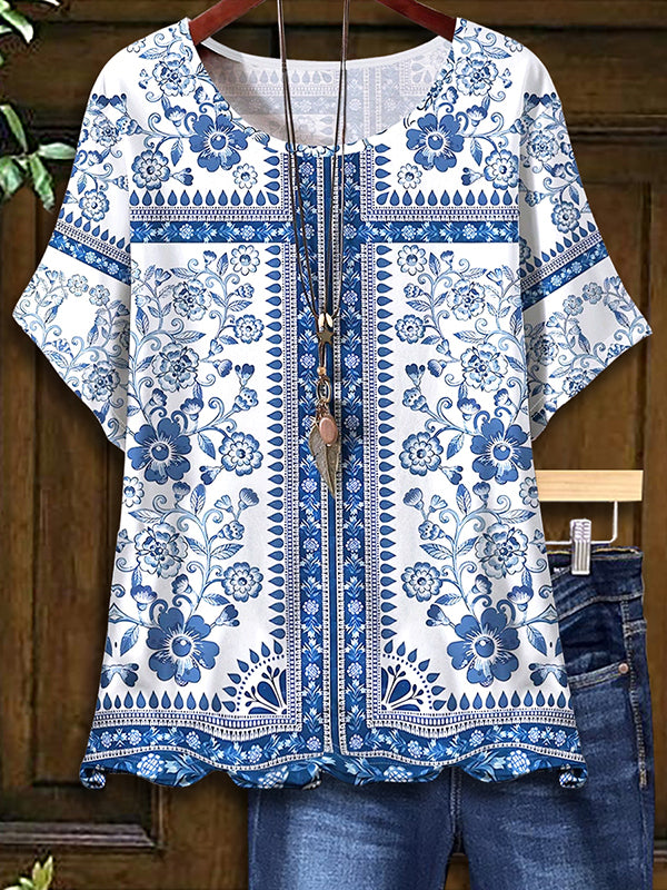 Blue And White Porcelain Print Top