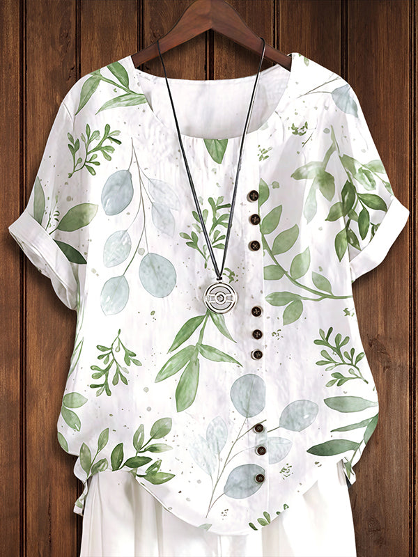 Natural Leaf Print Button Blouse