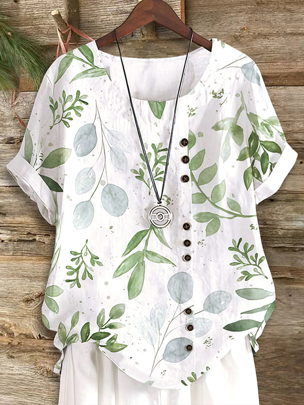 Natural Leaf Print Button Blouse