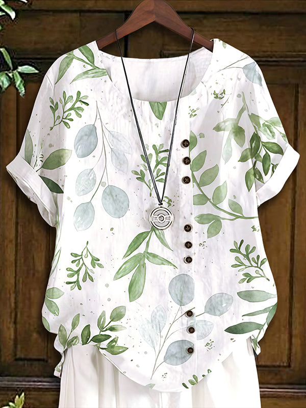 Natural Leaf Print Button Blouse
