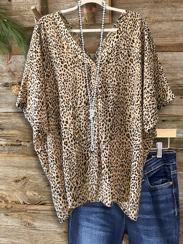 V-Neck Leopard Print Loose Blouse