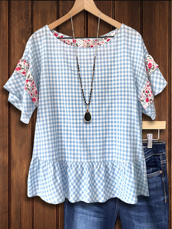 Checkered & Floral Patchwork Ruffle Blouse