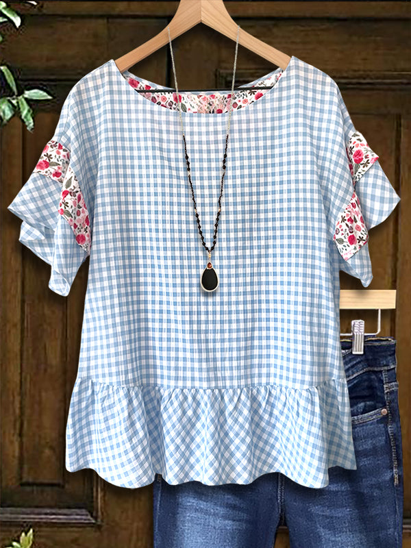 Checkered & Floral Patchwork Ruffle Blouse