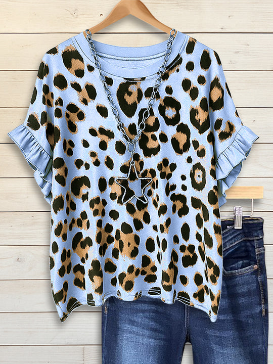 Leaf Print Layered Ruffle Sleeve Top main image 0