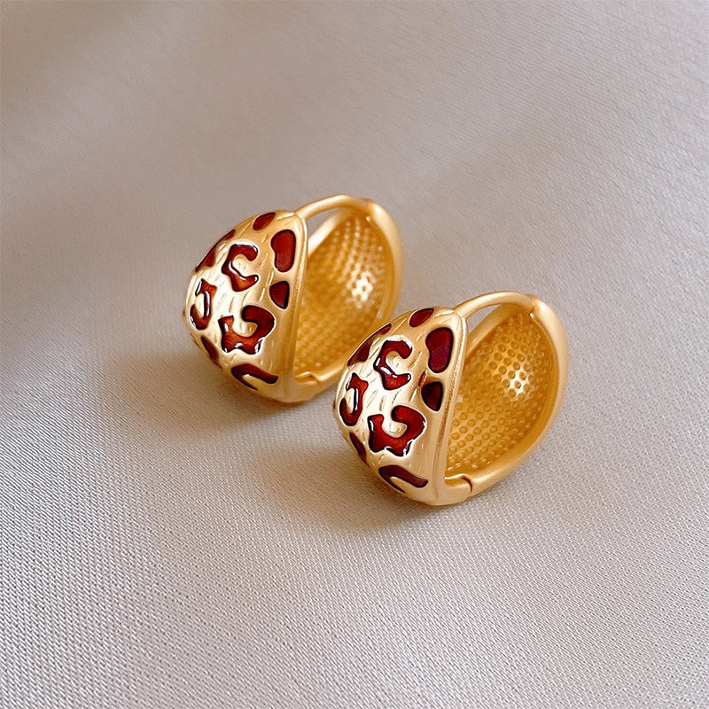 Red Enamel Leopard Pattern Hoop Earrings