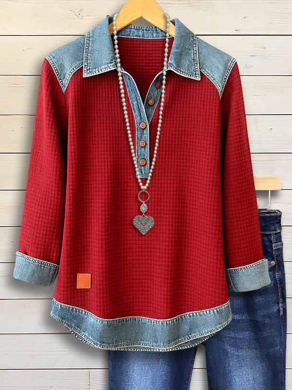 Rustic Charm Denim Collar Blouse