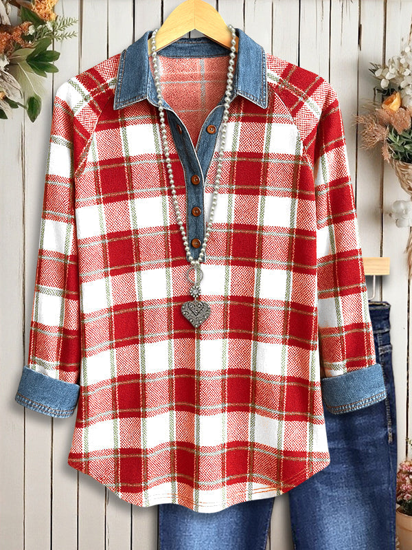 Rustic Plaid Denim Collar Shirt