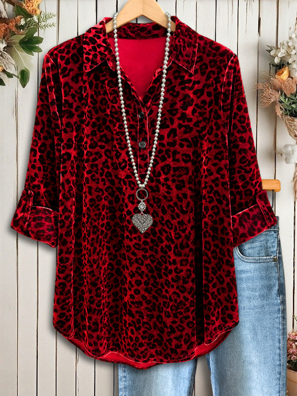 Red Velvet Leopard Button-Up Shirt