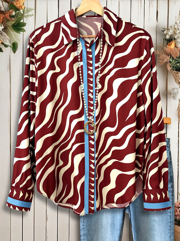 Retro Wave Print Button-Up Shirt