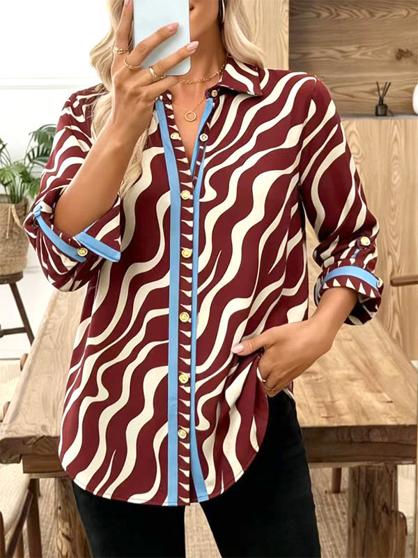Retro Wave Print Button-Up Shirt