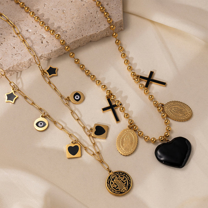 Layered Evil Eye & Cross Charm Necklace