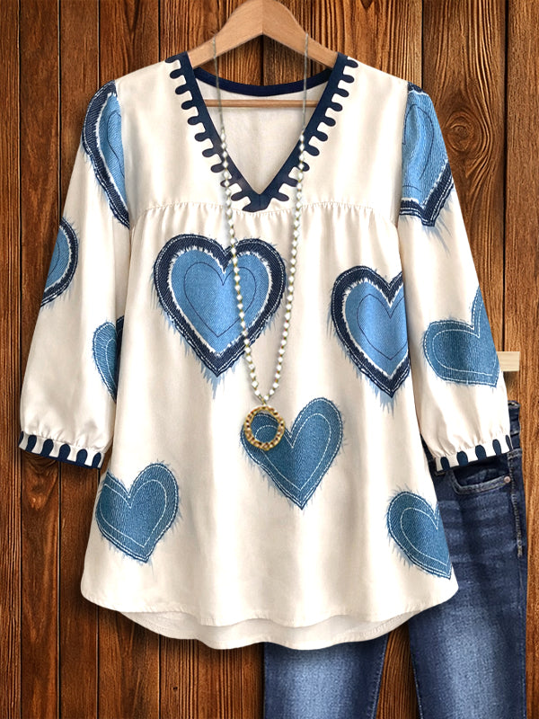 V-Neck Heart Print Peasant Top