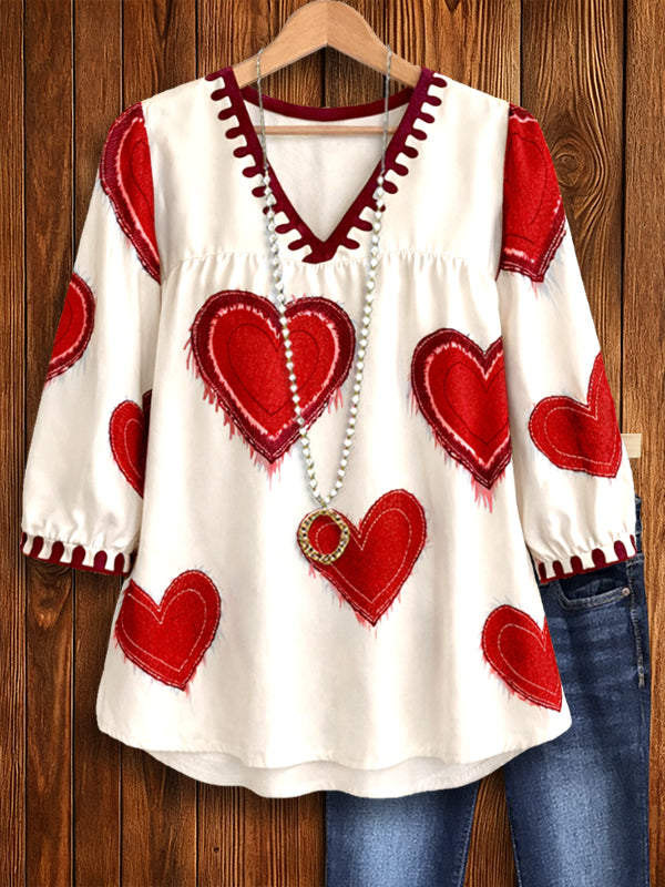 V-Neck Heart Print Peasant Top