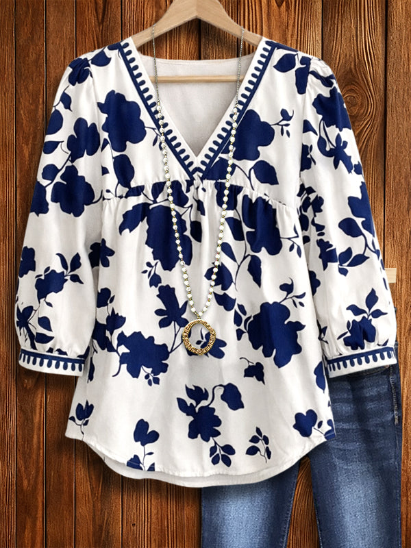 Navy Floral Trimmed V-Neck Blouse