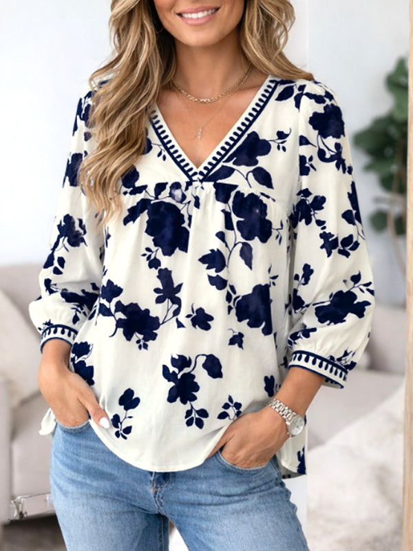 Navy Floral Trimmed V-Neck Blouse