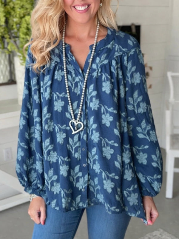 Coastal Bloom V-Neck Blouse