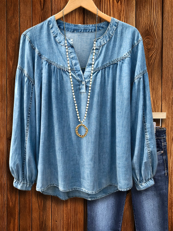 Soft Chambray Split-Neck Blouse