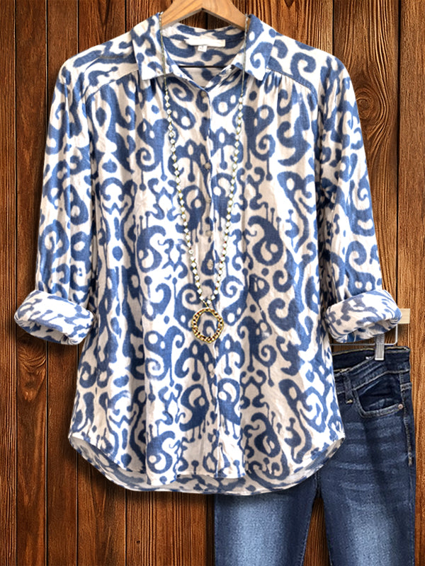 Blue Scroll Button-Down Shirt with Roll-Tab Sleeves