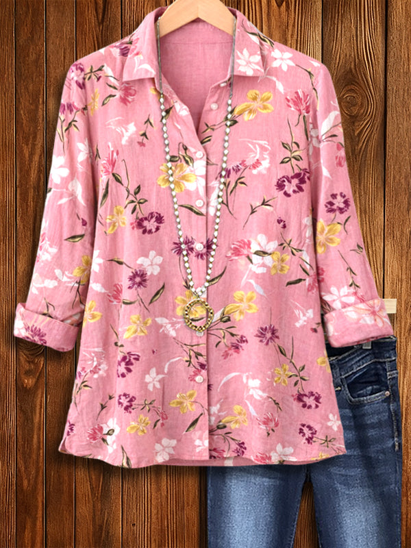 Rosewood Floral Button-Up Shirt with Roll Sleeves