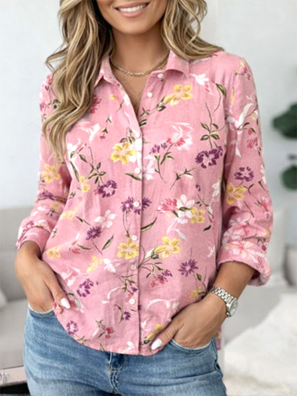 Rosewood Floral Button-Up Shirt with Roll Sleeves