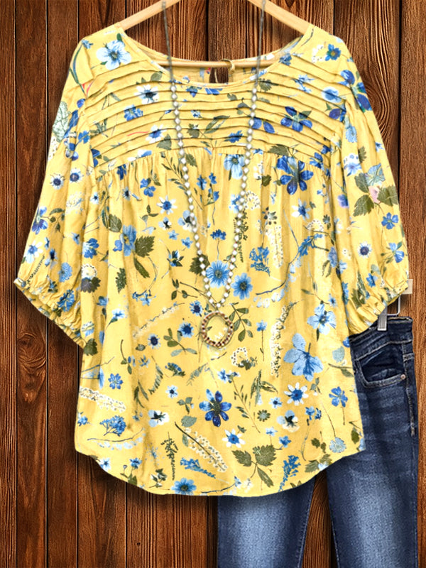Sunshine Meadow Pleated Floral Blouse