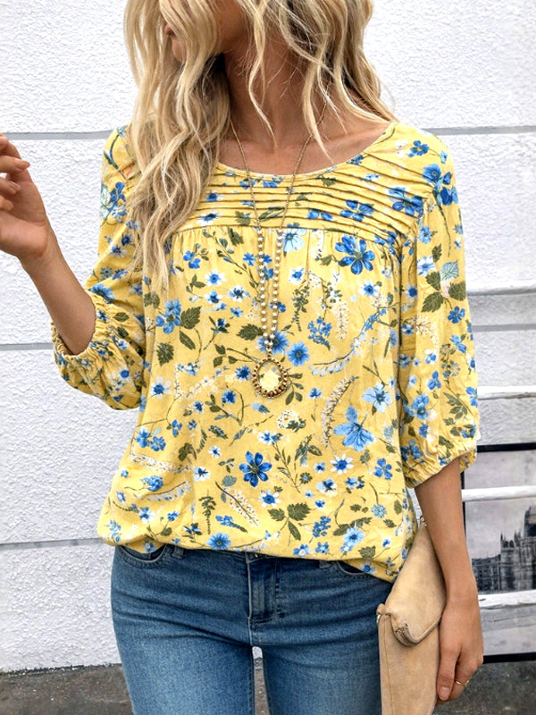 Sunshine Meadow Pleated Floral Blouse
