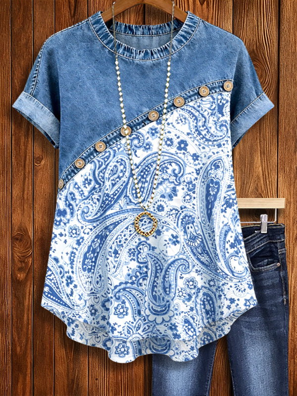 Denim Patch Paisley Relaxed Tee