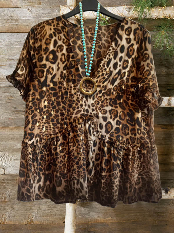 Leopard Pleated Casual T-shirt