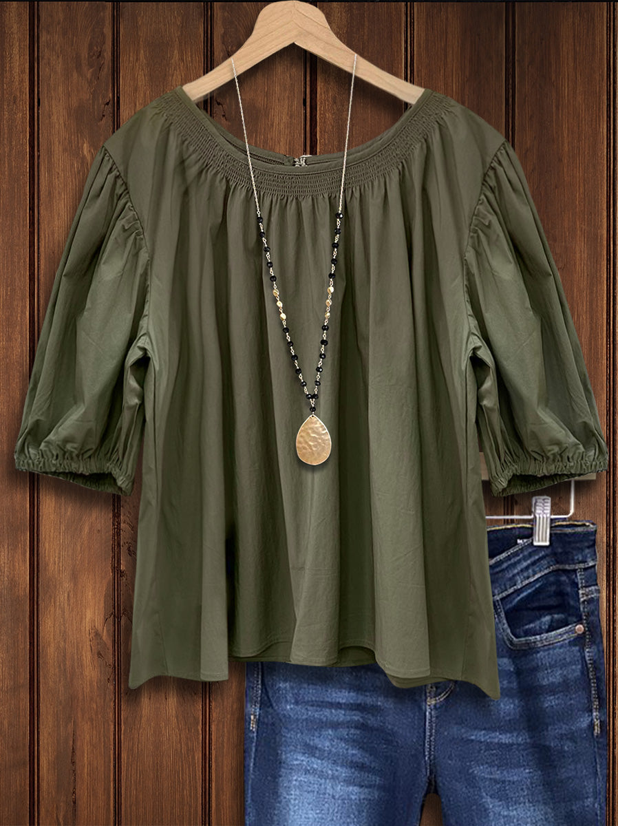 Solid Color Gathered Casual Blouse