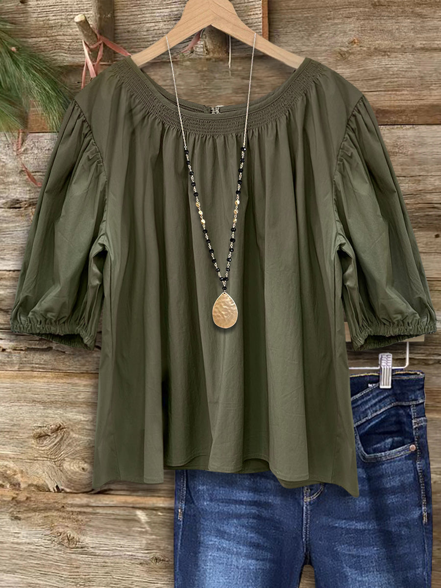 Solid Color Gathered Casual Blouse